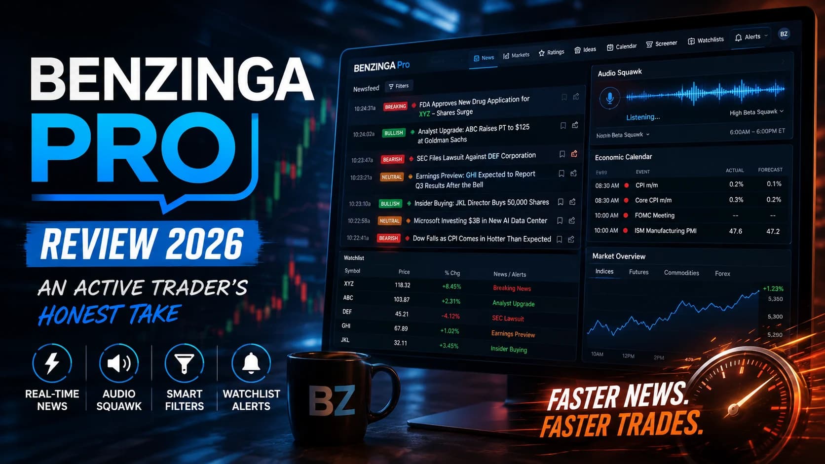 Benzinga Pro Review 2026 featuring real-time news feed, audio squawk, and market alerts