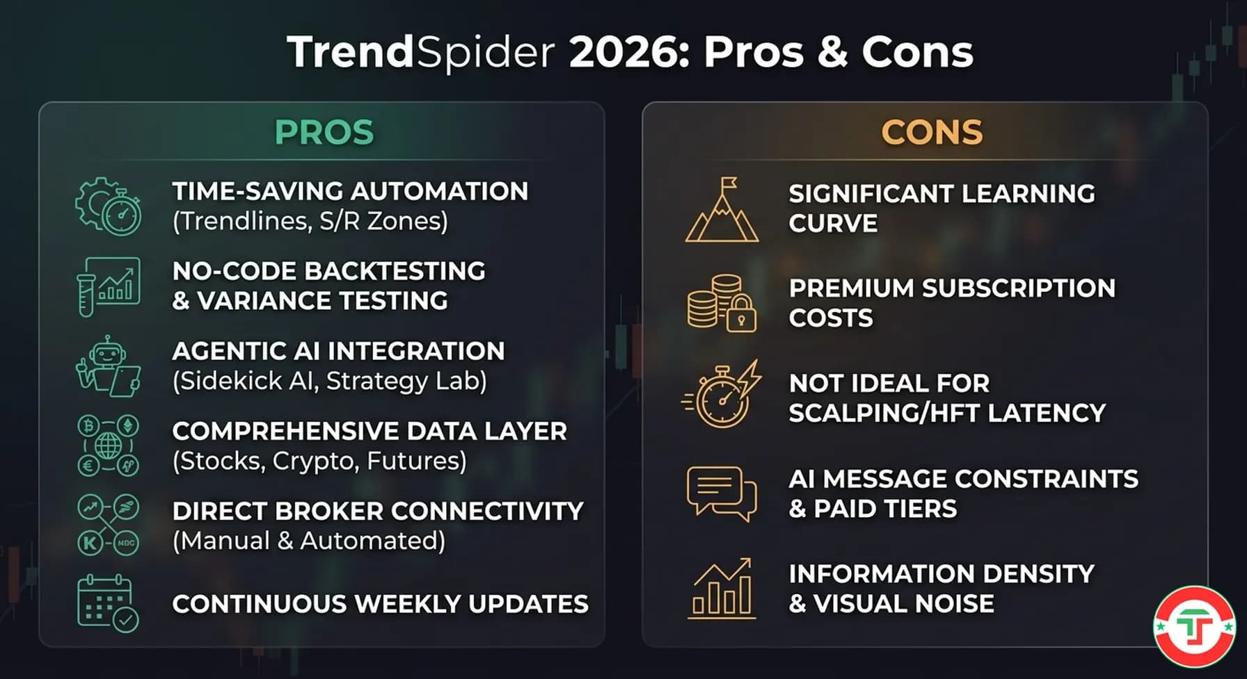 A professional 16:9 infographic summarizing the pros and cons of the TrendSpider 2026 trading platform. The left column details six "PROS" using green text and icons: time-saving automated charting (trendlines, S/R zones), no-code backtesting and variance testing, Agentic AI integration (Sidekick AI and Strategy Lab), comprehensive data layer for stocks, crypto, and futures, direct manual and automated broker connectivity, and continuous weekly updates. The right column details five "CONS" with amber text and icons: a significant learning curve, premium subscription costs, platform latency not suitable for scalping or HFT, constraints on AI messaging with paid tiers, and high information density causing visual noise.