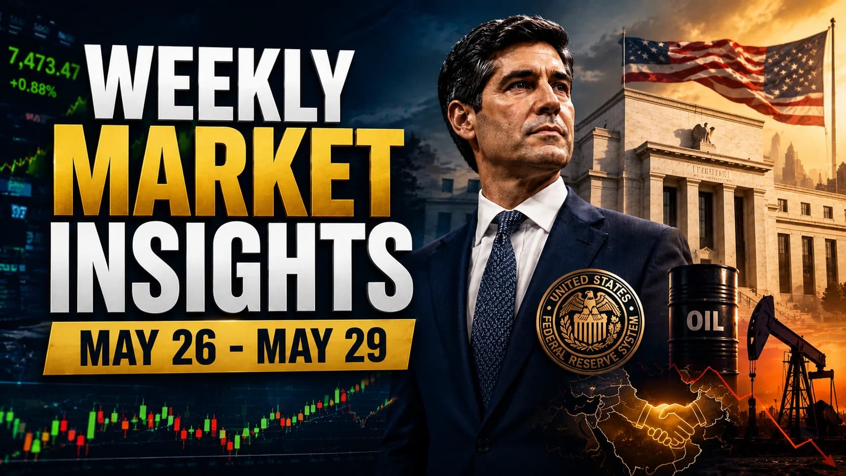 Weekly Market Insights featured image showing stock charts, Federal Reserve imagery, oil market risk, and geopolitical tension for the May 26–May 29 trading week.