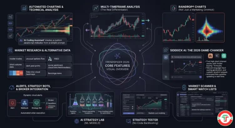 A detailed technological infographic titled "TrendSpider 2026: Core Features Visual Overview," illustrating an integrated automated trading workflow. The central core node connects eight primary panels with glowing digital lines: Automated Charting & Technical Analysis with AI Coding Assistant; Multi-Timeframe Analysis showing overlapping trendlines; Raindrop Charts visualizing volume; Sidekick AI chatbot; Market Scanner & Smart Watch Lists; Strategy Tester for No-Code Backtesting; AI Strategy Lab for training machine learning models; and Alerts, Strategy Bots, & Broker Integration via SignalStack. A final side panel lists Market Research & Alternative Data types like insider trades and unusual options flow.