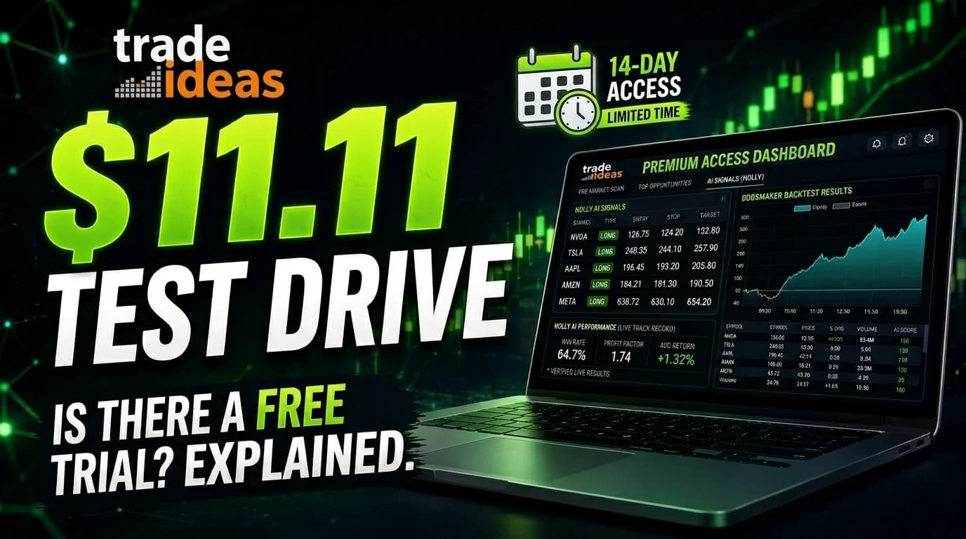 Trade Ideas Test Drive featured image showing the $11 trial offer, Holly AI trading signals, stock scanner dashboard, and two-week access to the platform's premium trading tools.