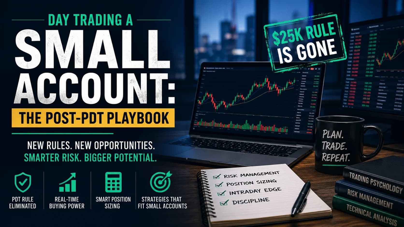 Featured image for a post-PDT day trading small account playbook showing trading charts, risk management notes, and a “$25K rule is gone” headline.