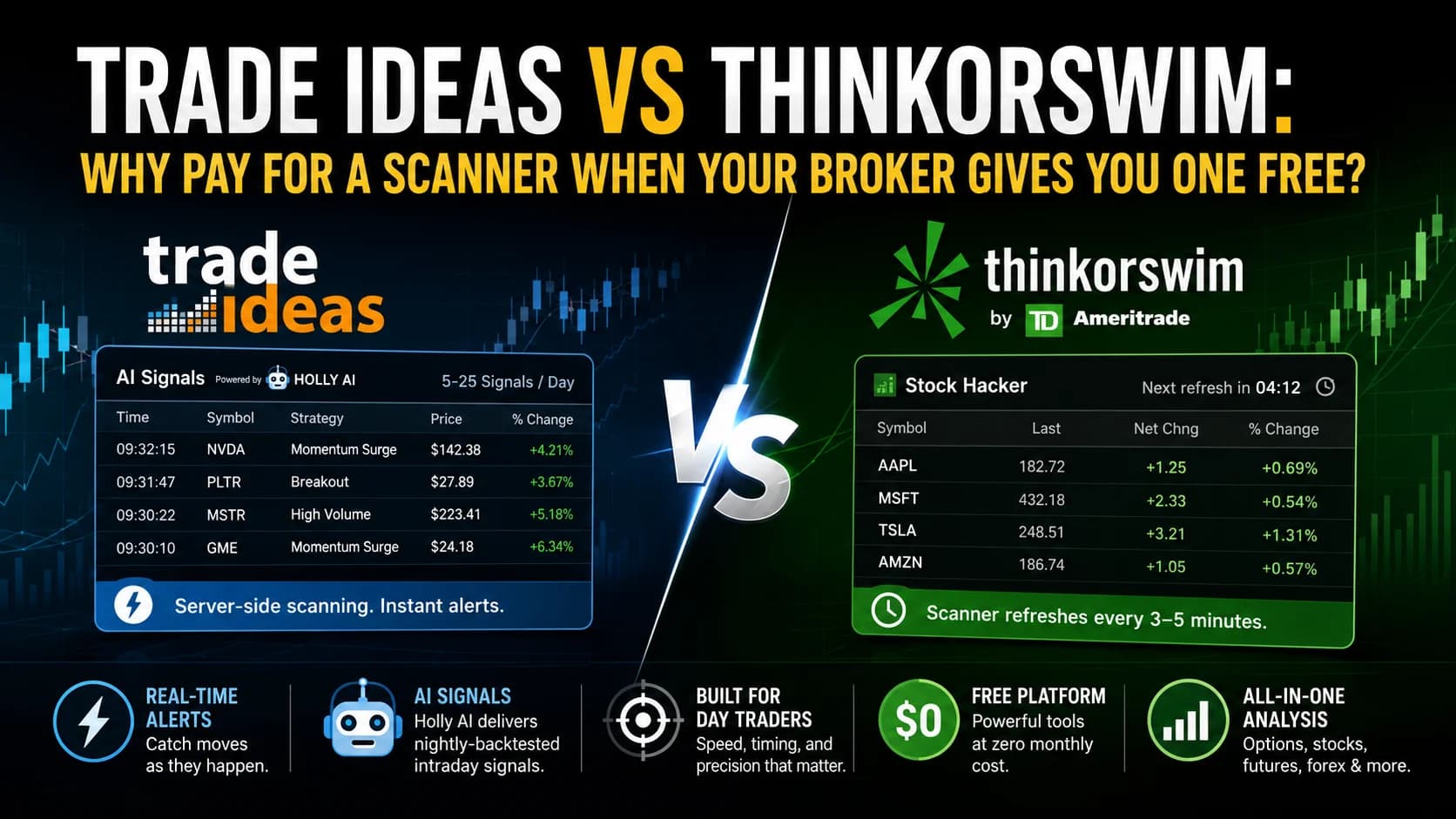 Trade Ideas and Thinkorswim side-by-side comparison showing AI stock scanner, real-time alerts, Stock Hacker scanner, and day trading platform features.