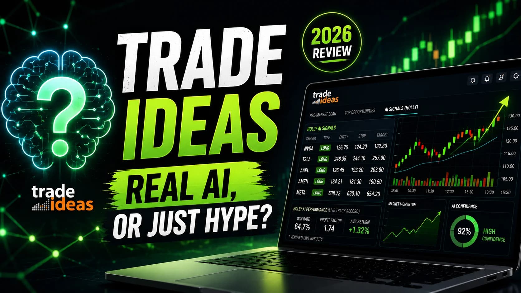 Trade Ideas Review 2026 featured image showing Holly AI, a stock scanning dashboard, market charts, and a glowing AI brain questioning whether Trade Ideas delivers real artificial intelligenc