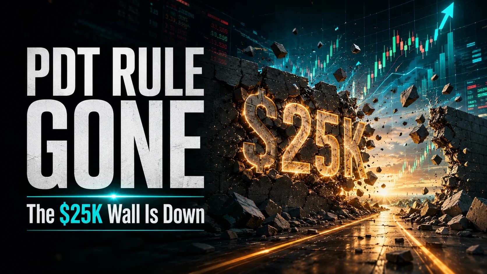 PDT rule gone featured image showing the $25K day trading wall breaking down with stock market charts in the background