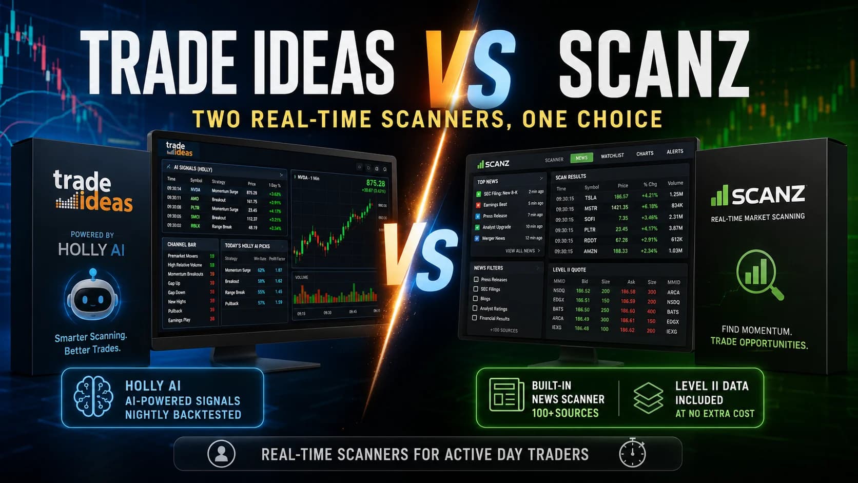 Trade Ideas vs Scanz comparison featuring AI-powered stock scanning, Holly AI signals, real-time news scanner, Level II market data, and advanced day trading tools displayed side-by-side.
