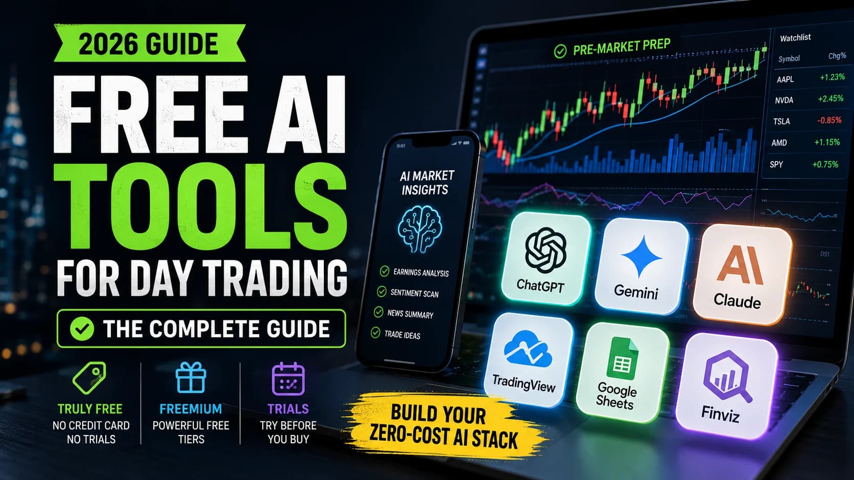 Featured image for a 2026 guide to free AI tools for day trading, showing AI assistants, trading charts, watchlist data, and a zero-cost trading research stack.