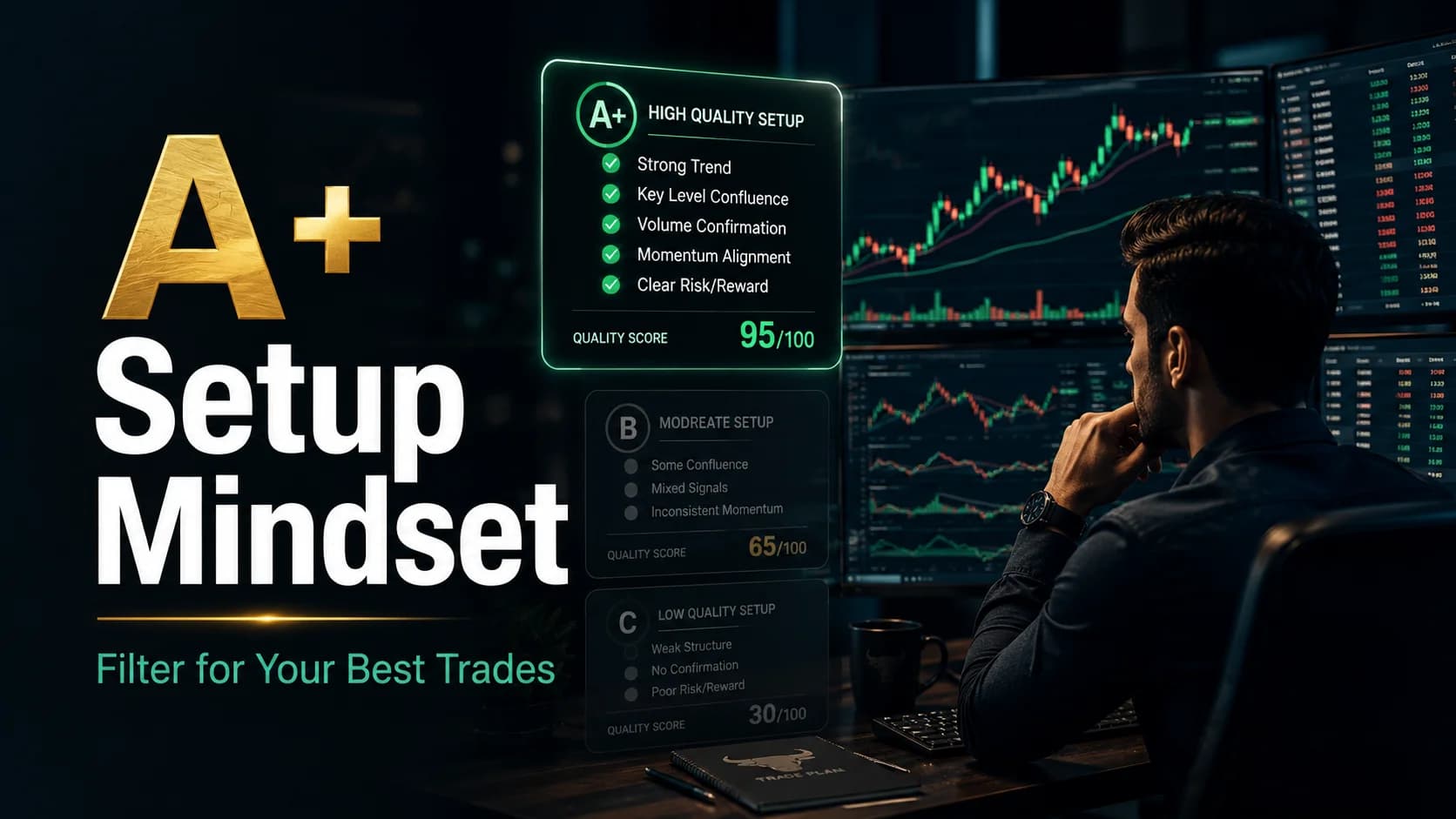 A+ Setup Mindset featured image showing a trader reviewing charts and an A+ setup checklist to filter for the best day trading opportunities.