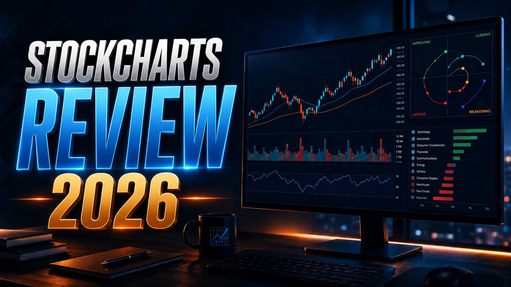 StockCharts Review 2026 featuring technical charts, sector rotation tools, relative strength analysis, and stock market charting platform