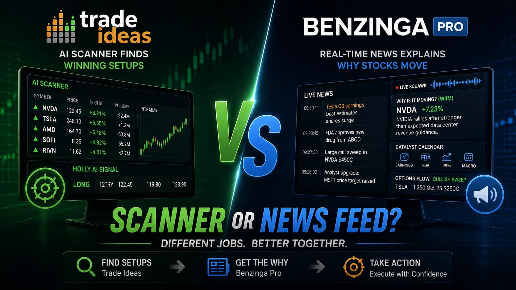 Trade Ideas vs Benzinga Pro featured image comparing AI stock scanning, Holly AI trade signals, and setup discovery with Benzinga Pro's real-time news feed, catalyst tracking, and market-movi