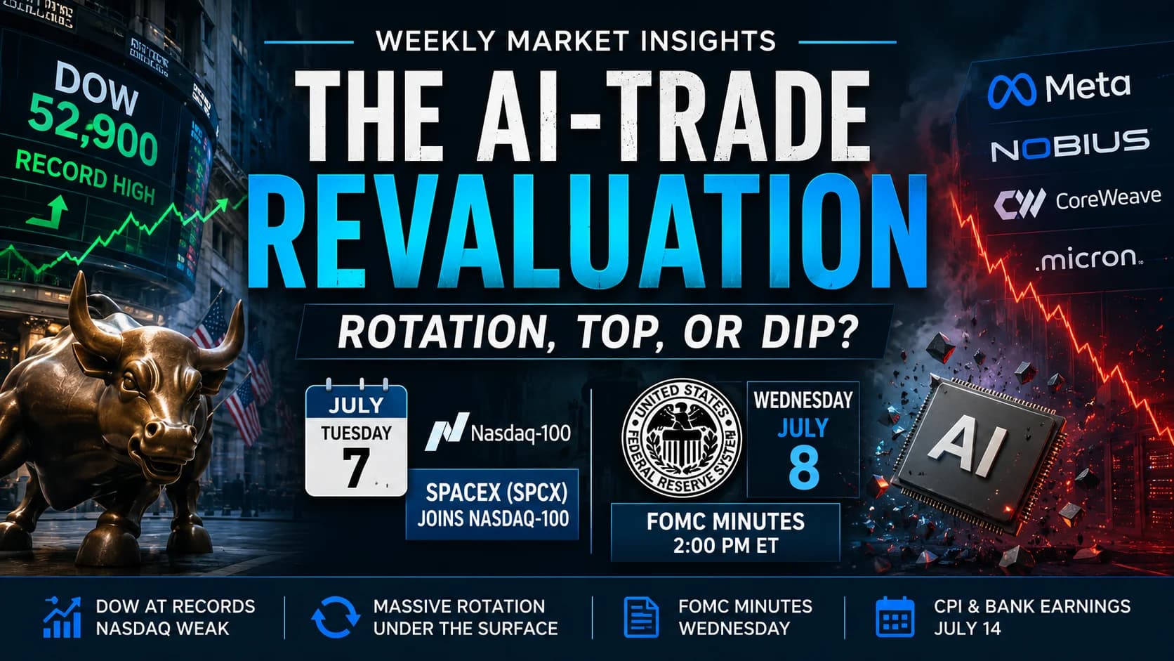 Weekly Market Insights for July 6–10, 2026 featuring Wall Street, stock market charts, AI trade revaluation, sector rotation, FOMC minutes, and key market events for the week.