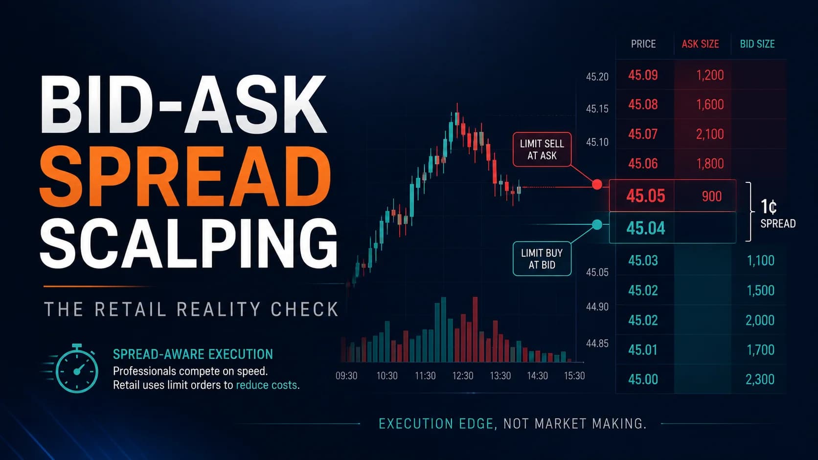 Bid-ask spread scalping strategy illustration showing a one-cent spread, Level 2 order book, and limit-order execution at the bid and ask