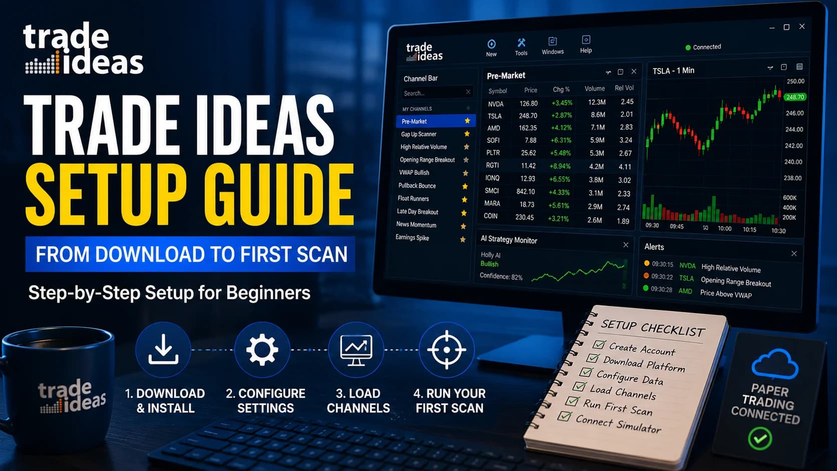 Trade Ideas setup guide for beginners showing the desktop trading platform, Channel Bar, stock scanner workspace, and first scan setup process.