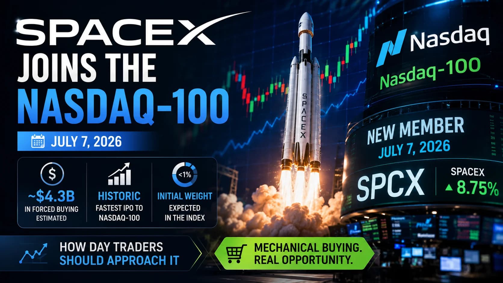 SpaceX Nasdaq-100 inclusion featured image showing a SpaceX rocket, Nasdaq market display, stock charts, and the July 7 index addition event for day traders.