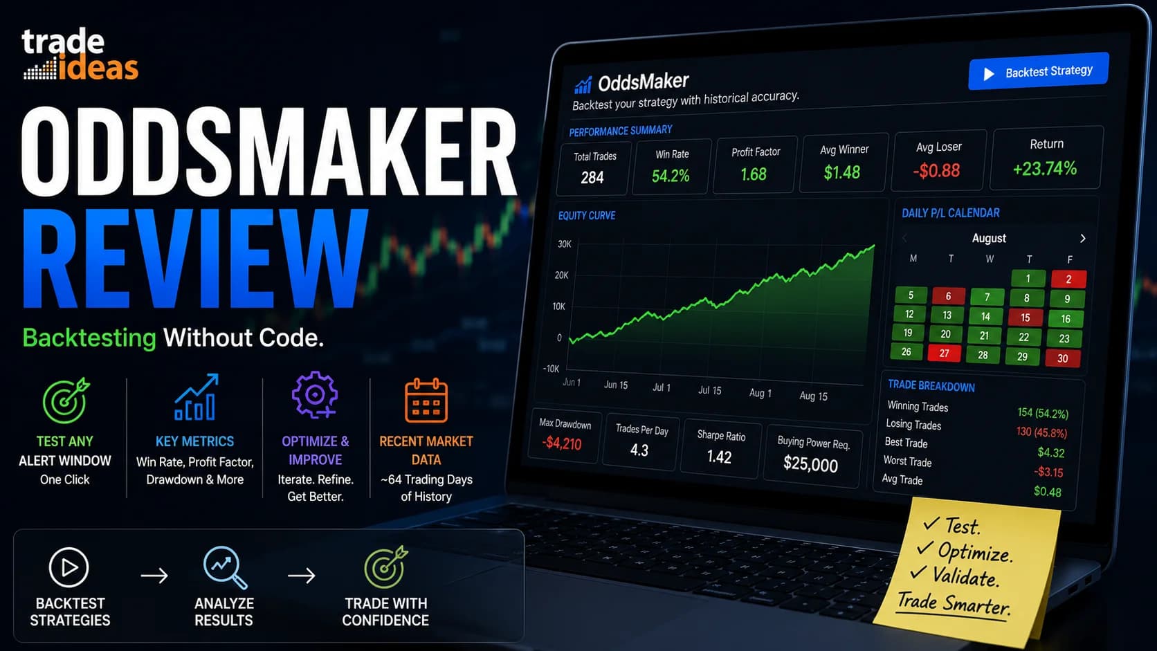 Trade Ideas OddsMaker backtesting dashboard displaying strategy performance metrics, equity curve, profit factor, win rate, and historical trading analysis for day traders.