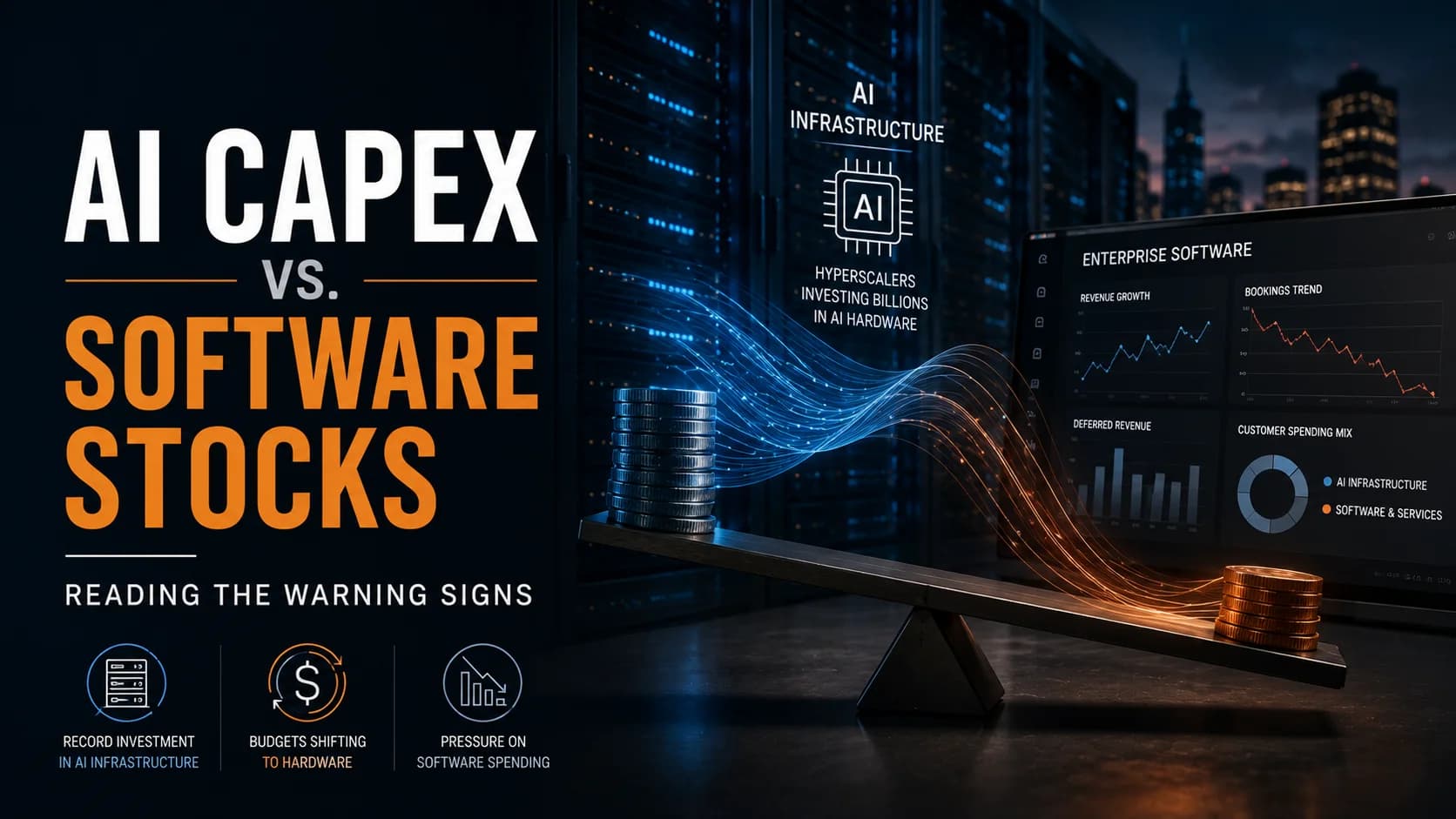AI capex vs software stocks featured image showing enterprise budget flows shifting toward AI infrastructure, data centers, and hardware while software spending faces pressure.