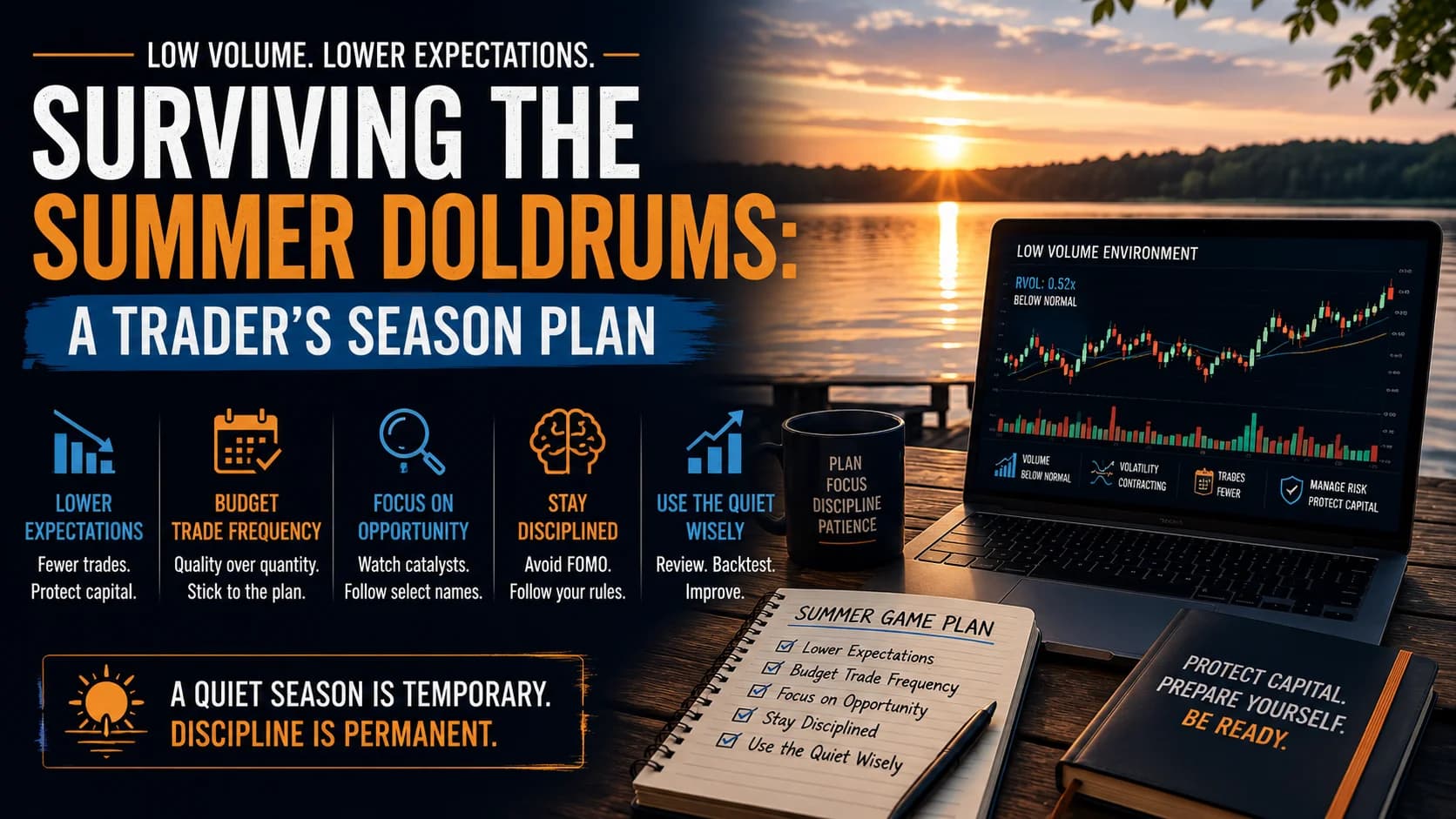 Summer doldrums trading strategy featured image showing a low-volume market chart, reduced trade frequency, lower expectations, and a disciplined season plan for traders.