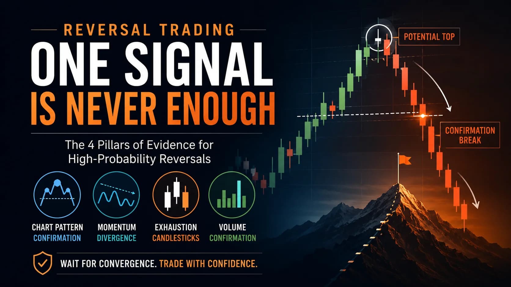 Premium reversal trading featured image showing a candlestick trend reversal with confirmation break and the four pillars of evidence: chart pattern, momentum divergence, exhaustion candles, 