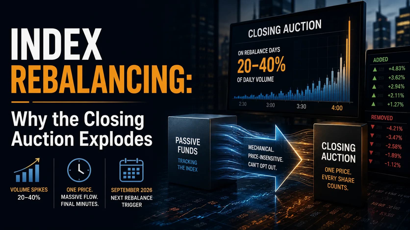 Index rebalancing featured image showing passive fund flows concentrating into the closing auction, creating a sharp volume spike near the market close.