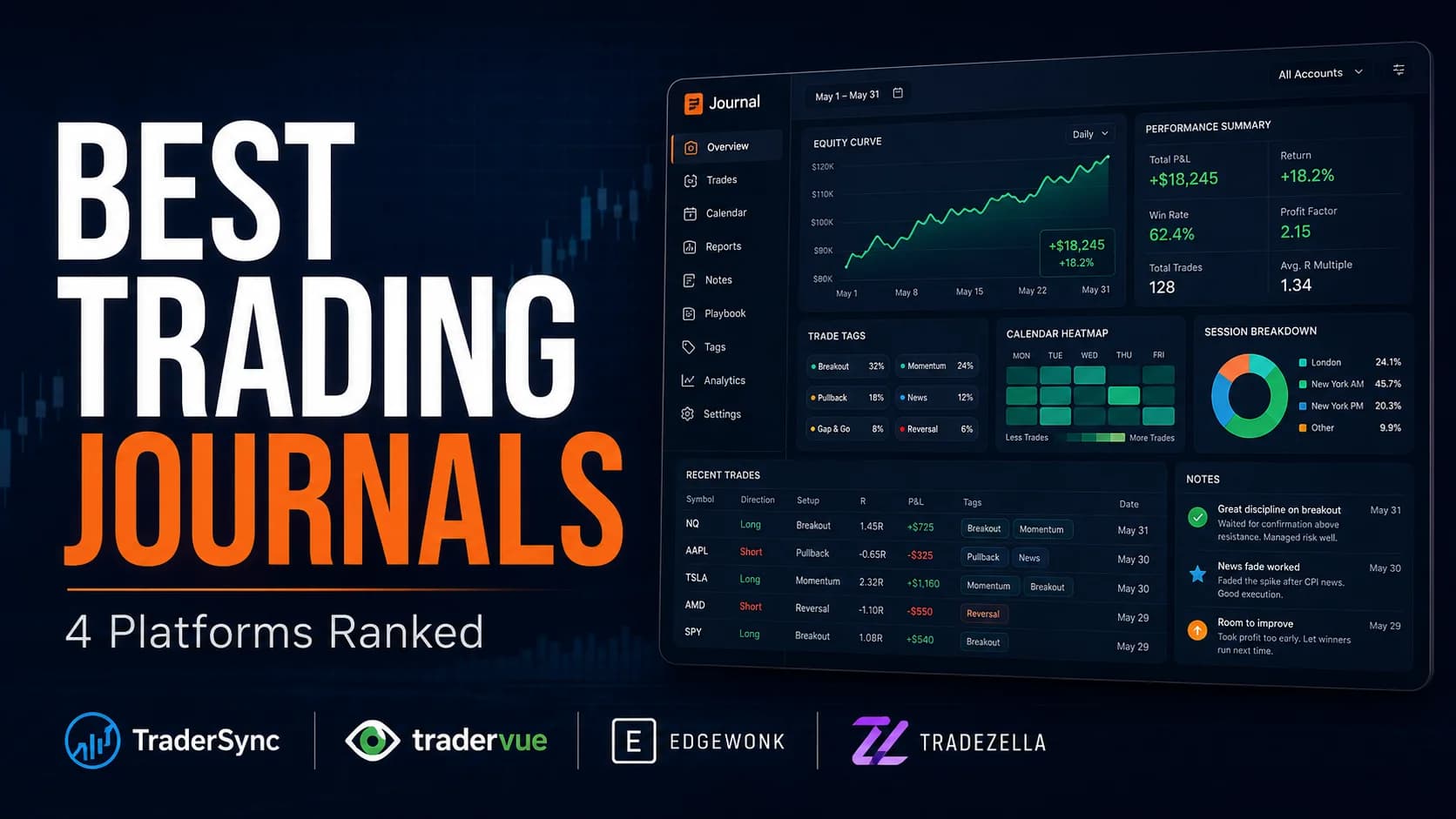 Best Trading Journals featured image showing a premium trading journal dashboard with performance analytics, trade history, equity curve, calendar heatmap, and official platform logos for Tra