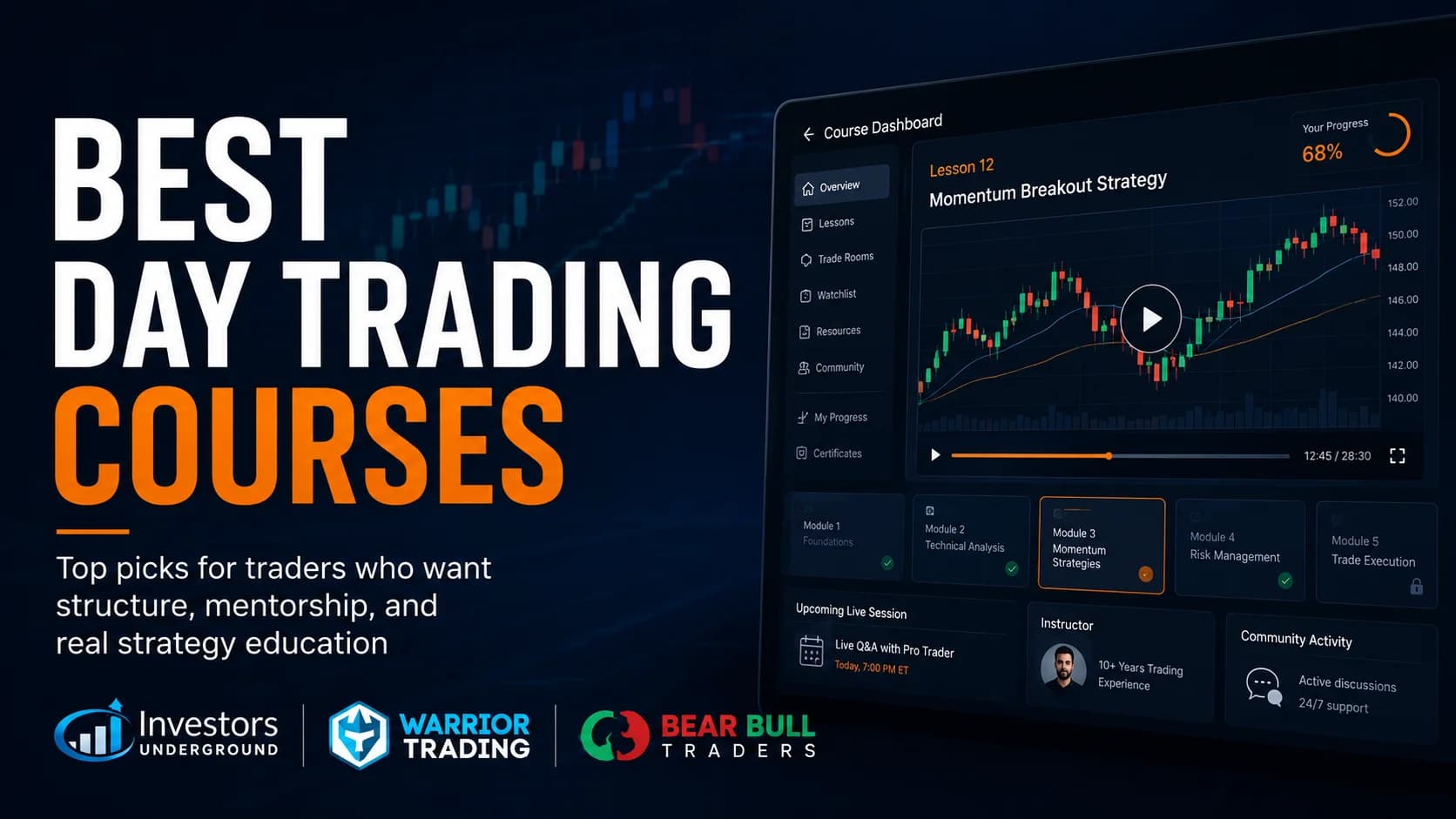 Best Day Trading Courses featured image showing a premium online trading course dashboard, candlestick lesson screen, and official platform logos for Investors Underground, Warrior Trading, a