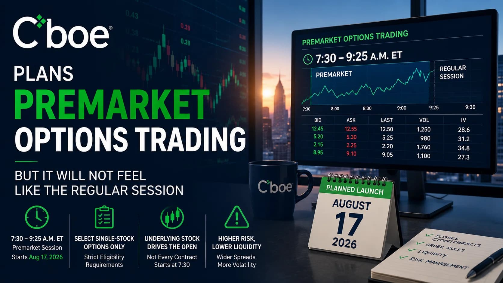 Illustration of Cboe's planned premarket options trading session showing the 7:30 a.m. to 9:25 a.m. ET trading window, market data screens, and the August 17 launch timeline for eligible sing