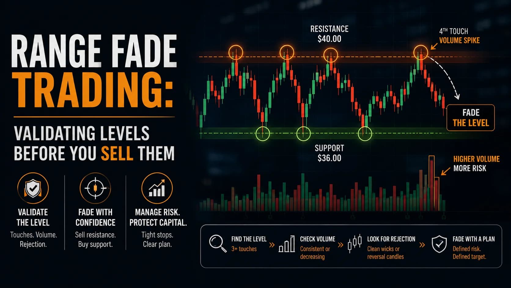 Range fade trading strategy featured image showing repeated support and resistance touches, volume confirmation, rejection candles, and a fade setup inside a trading range.