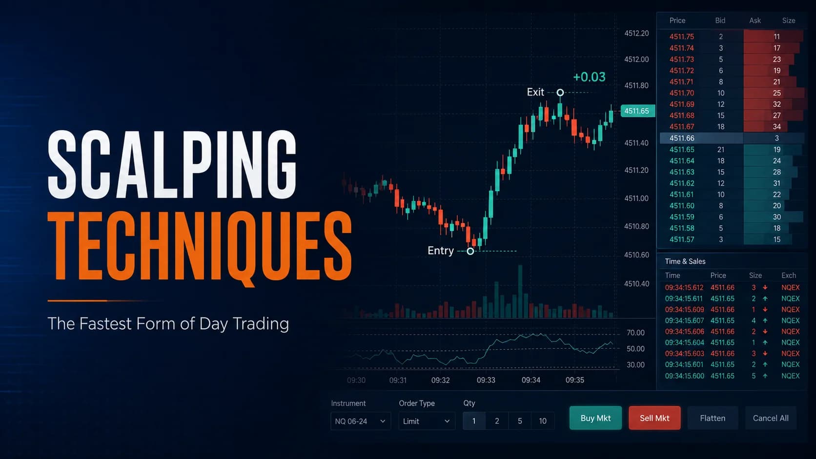 Scalping techniques featured image showing a fast intraday trade with Level 2 market depth, time and sales, and quick entry and exit points.