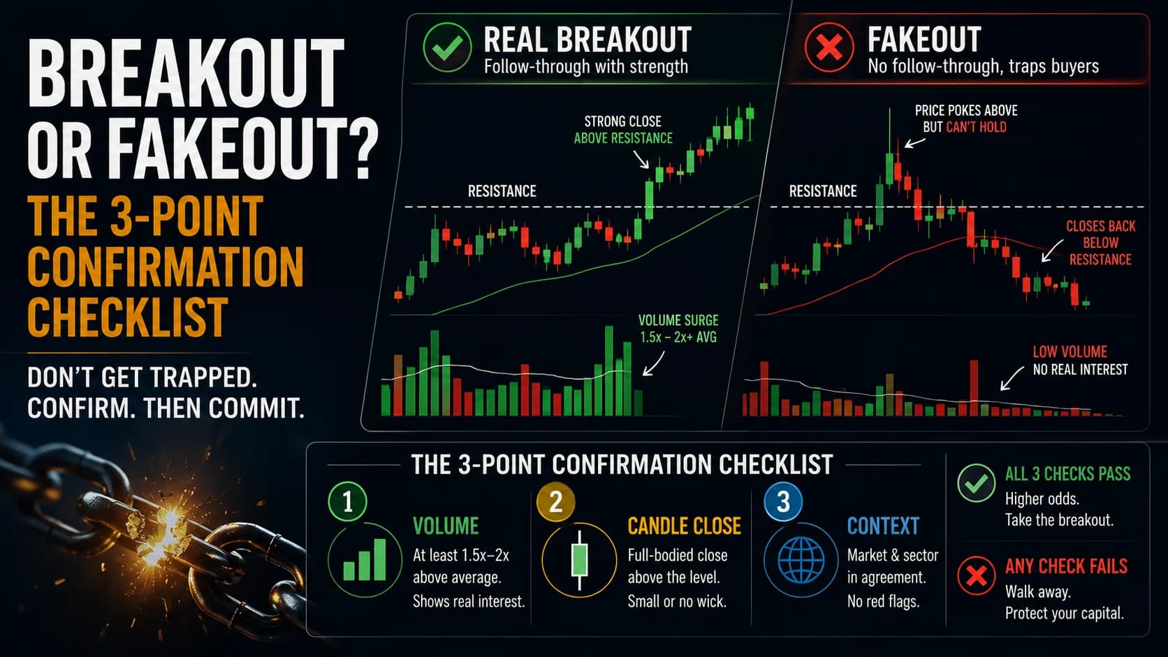 Breakout vs fakeout strategy featured image showing a real breakout with strong volume and candle close beside a failed breakout that traps buyers below resistance.