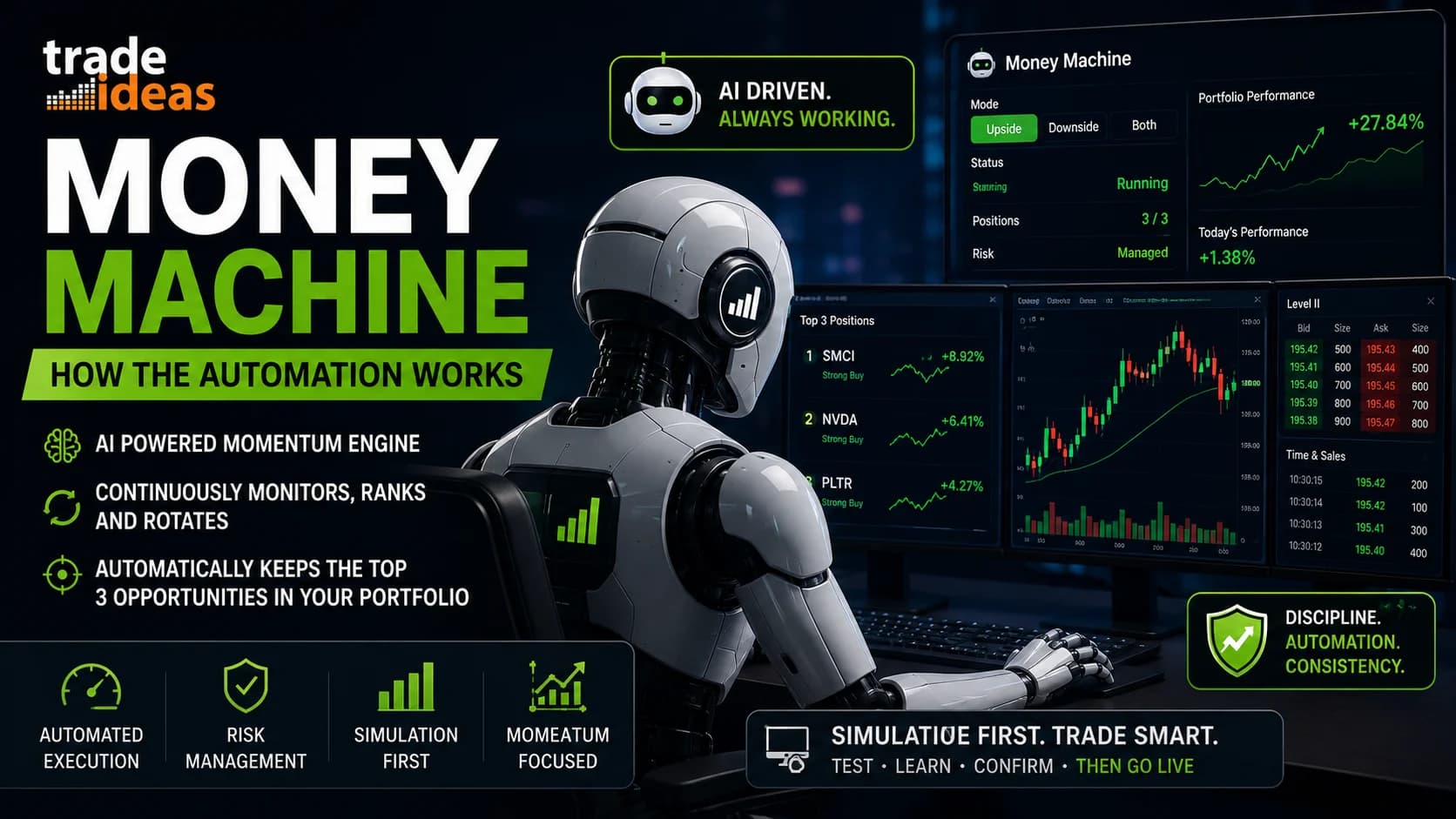 Trade Ideas Money Machine featured image illustrating AI-powered automated trading, momentum-based portfolio management, continuous stock rotation, and simulation-first workflow for active da