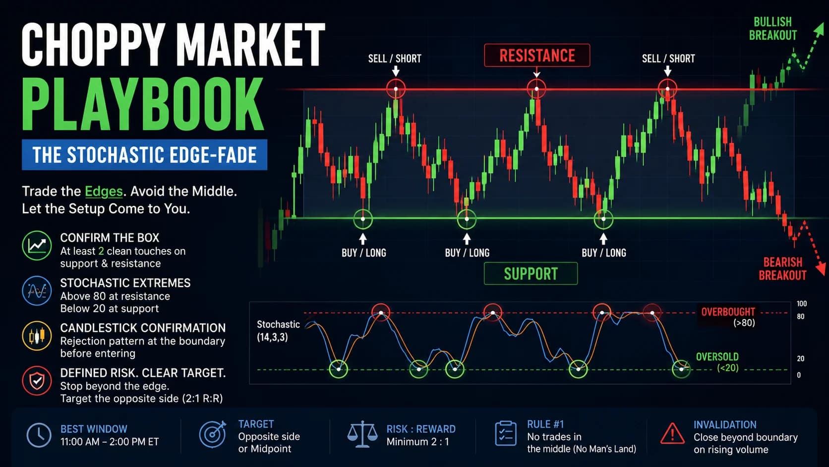 Featured illustration of a range trading strategy playbook showing a sideways market with support and resistance levels, Stochastic Oscillator overbought and oversold signals, candlestick rev