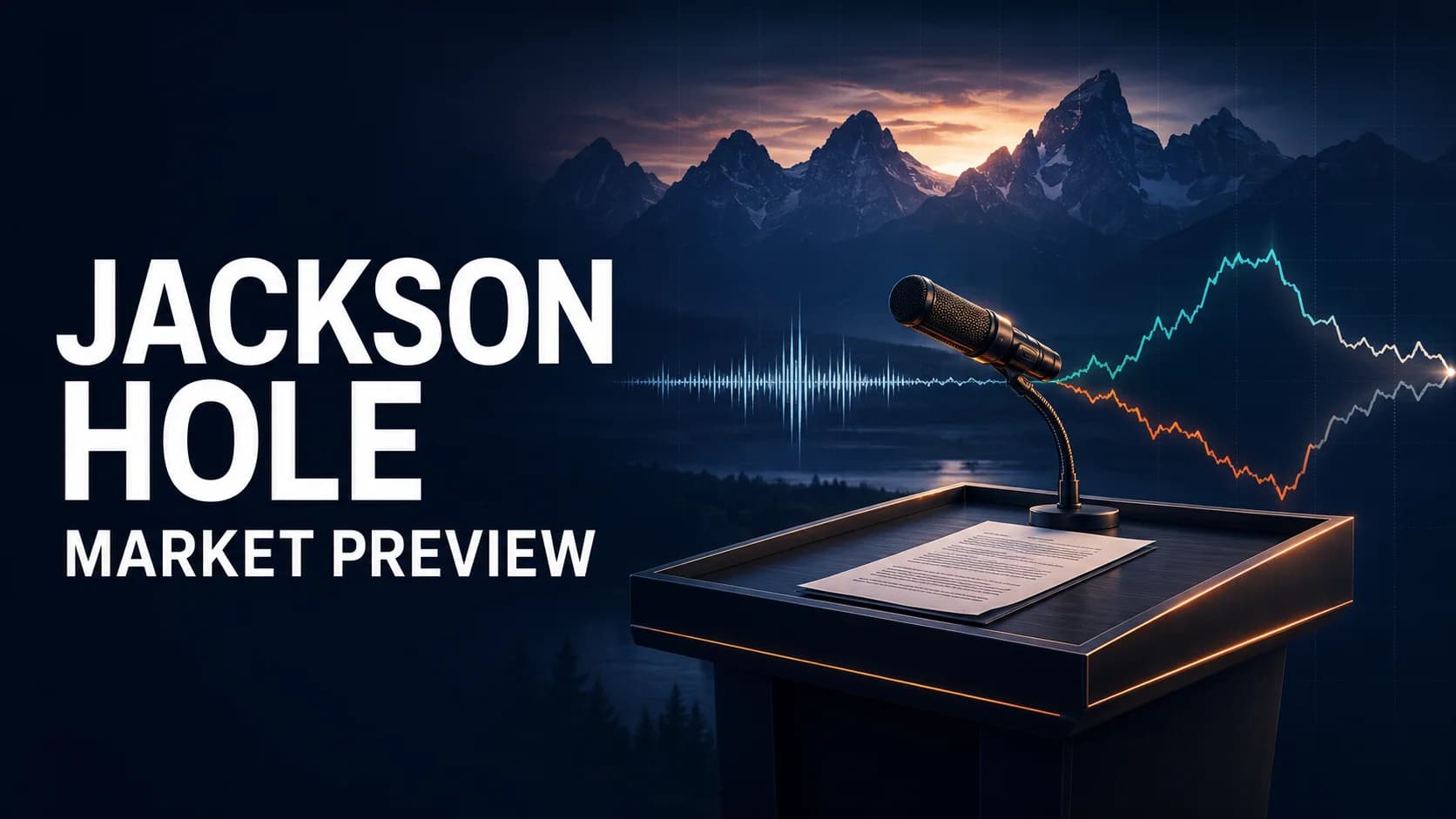 Jackson Hole market preview featuring a central-bank speech microphone, prepared remarks, mountain backdrop, and two-sided market reaction.