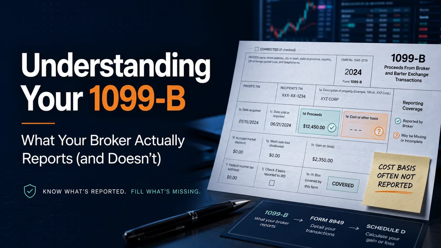 Understanding Form 1099-B for day traders, showing what brokers report, missing cost basis, and how trading proceeds are reported for taxes.