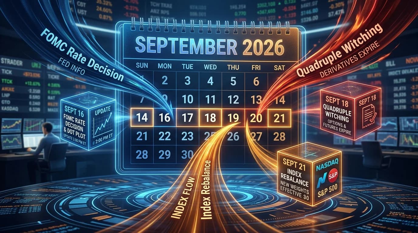 A futuristic holographic financial data calendar visualization for September 2026