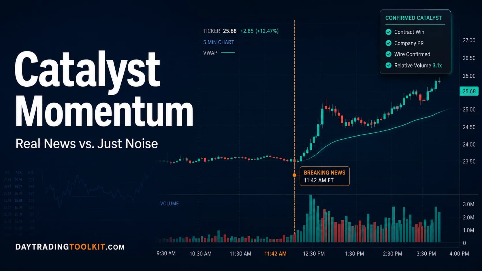 Catalyst momentum day trading strategy chart showing a confirmed news catalyst, volume spike, pullback, and breakout continuation