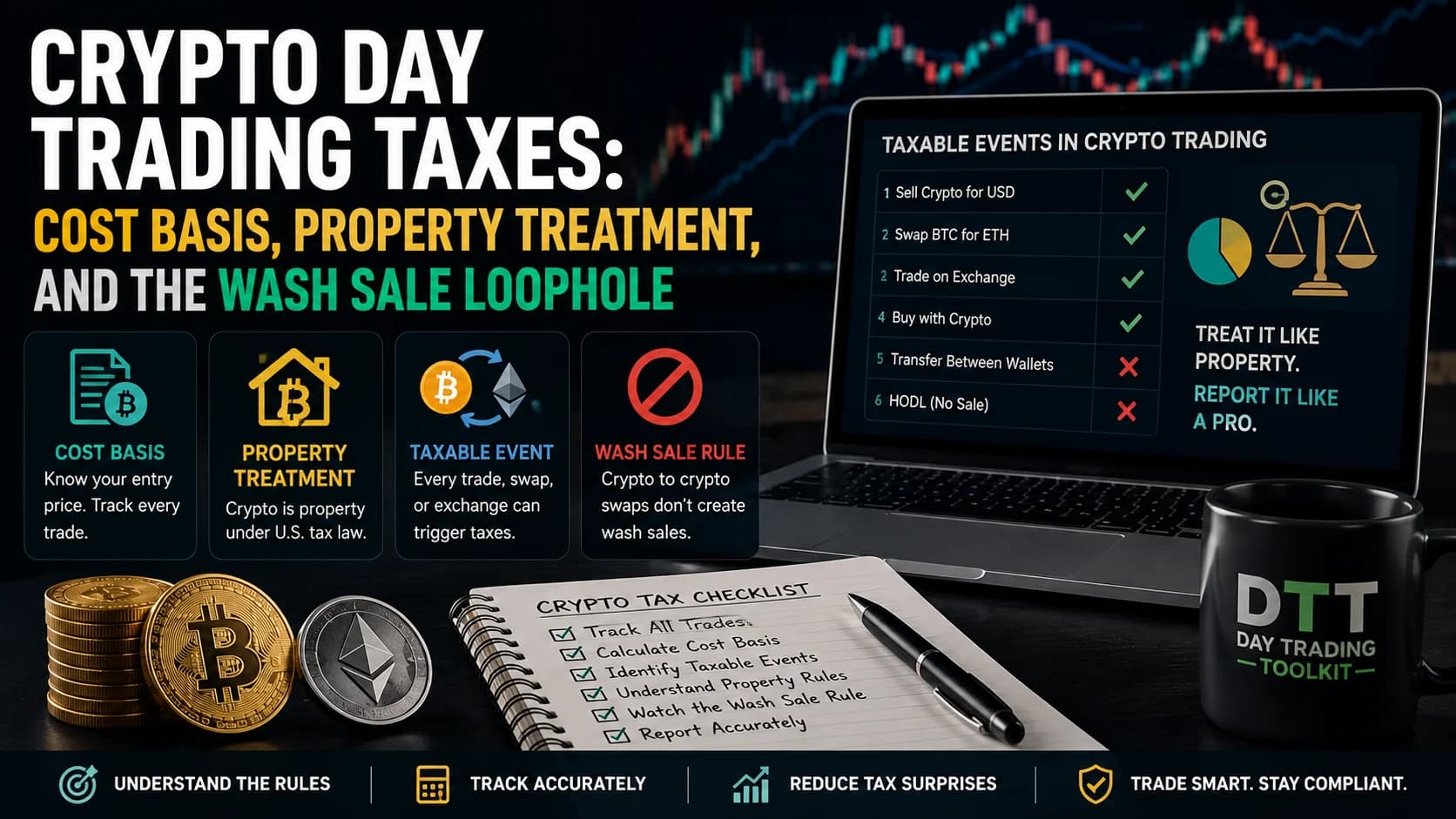Crypto day trading taxes explained with cost basis, property treatment, taxable crypto transactions, and wash sale rule considerations.