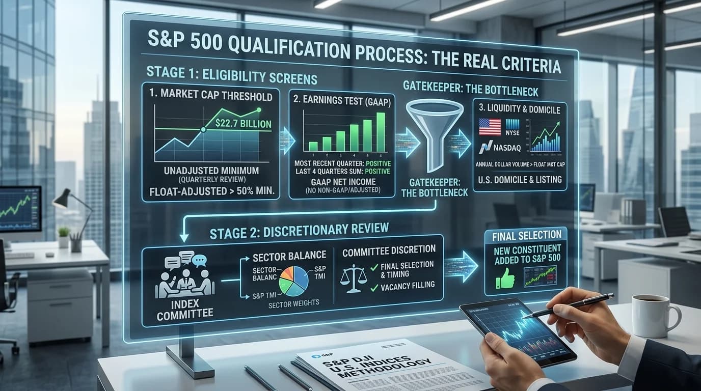 Modern financial dashboard displaying the multi-stage S&P 500 qualification process, including market cap thresholds, GAAP earnings screens, and Index Committee review.