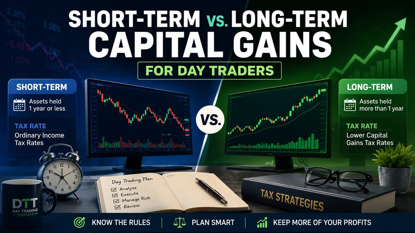 Short-term vs. long-term capital gains comparison for day traders, showing holding periods, tax treatment, and trading charts.