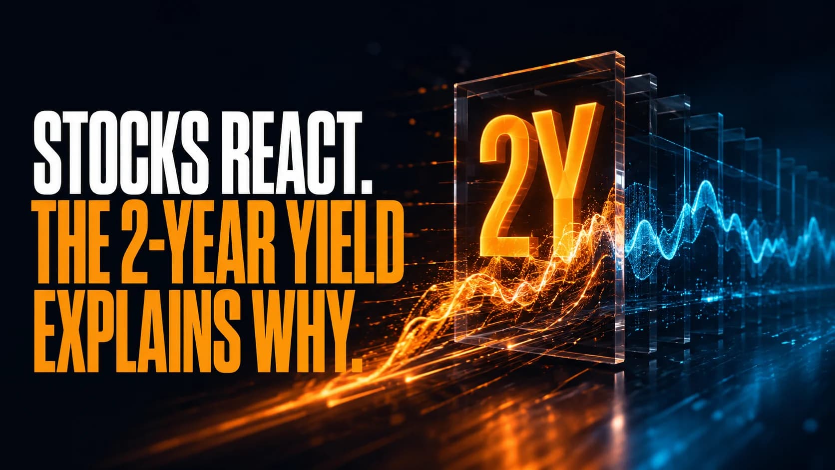 Glowing 2-year Treasury yield marker with an orange rate pulse leading a blue stock-market wave.