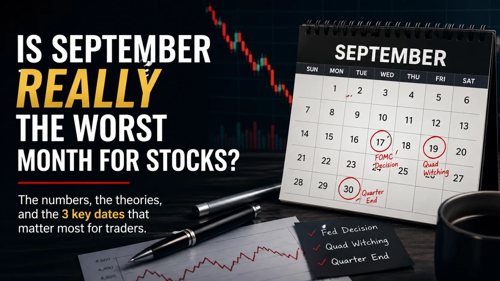 Is September really the worst month for stocks? Featured image showing a September calendar, stock market charts, and key trading events including the Fed decision and quad witching.