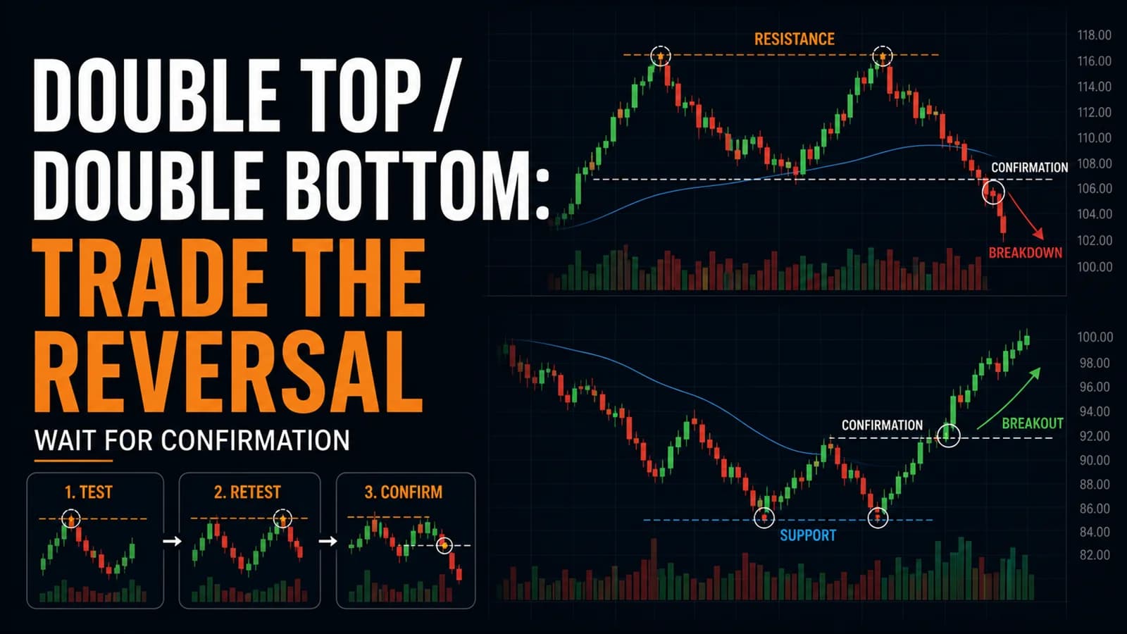 Double top and double bottom trading infographic showing resistance and support retests followed by confirmed breakdown and breakout.