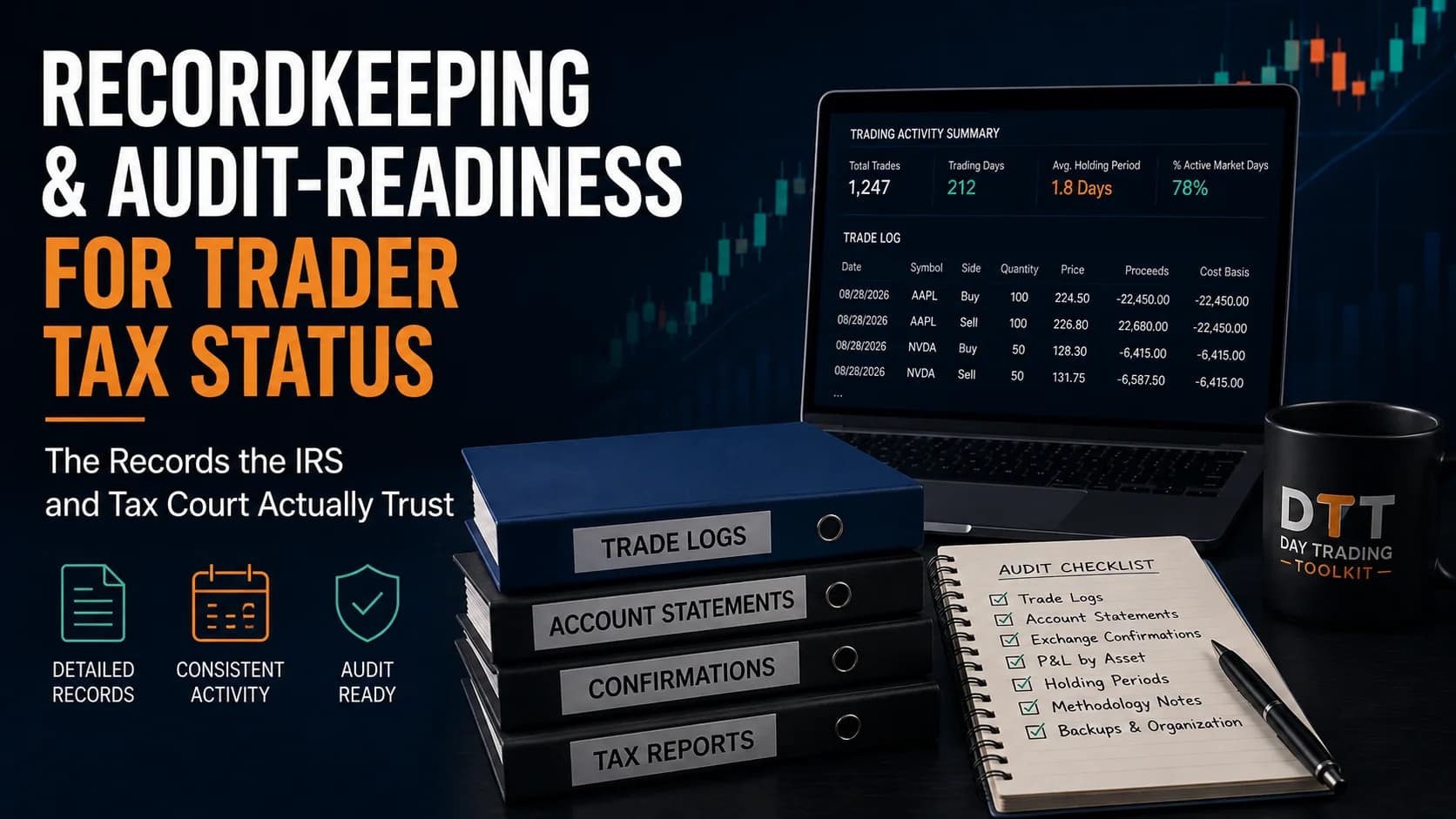 Recordkeeping and audit readiness for Trader Tax Status, featuring trade logs, account statements, audit checklists, and trading activity records.