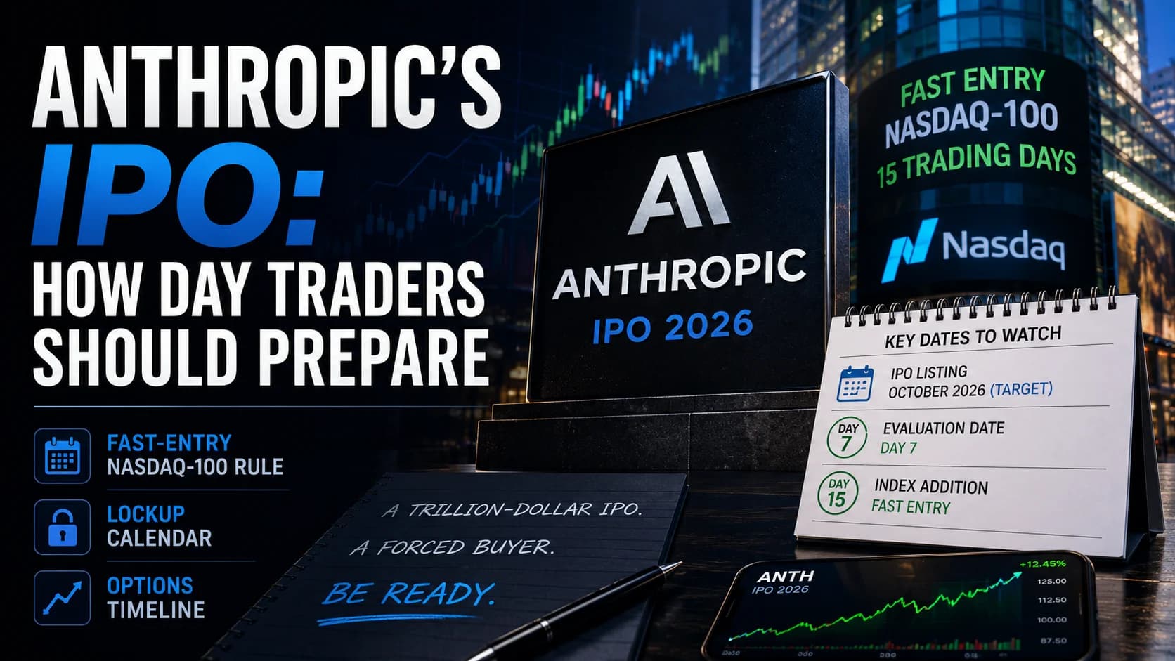 Anthropic IPO featured image showing a high-profile AI company listing, Nasdaq-100 fast-entry rule, key IPO dates, and a stock chart for day traders.