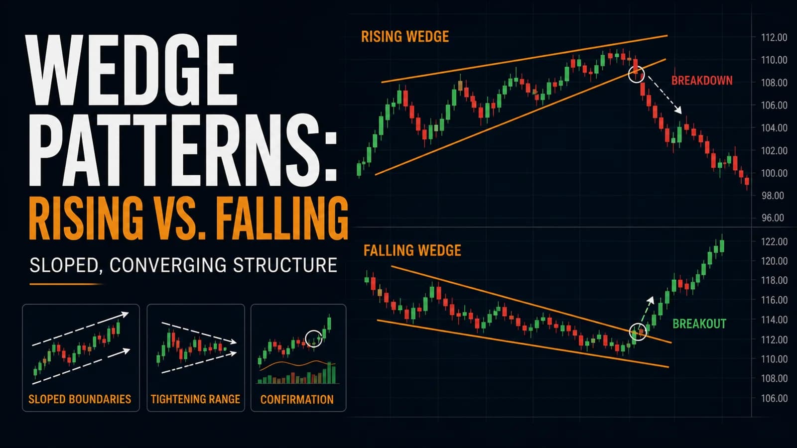 Rising and falling wedge trading infographic showing converging trendlines, a bearish breakdown, and a bullish breakout.