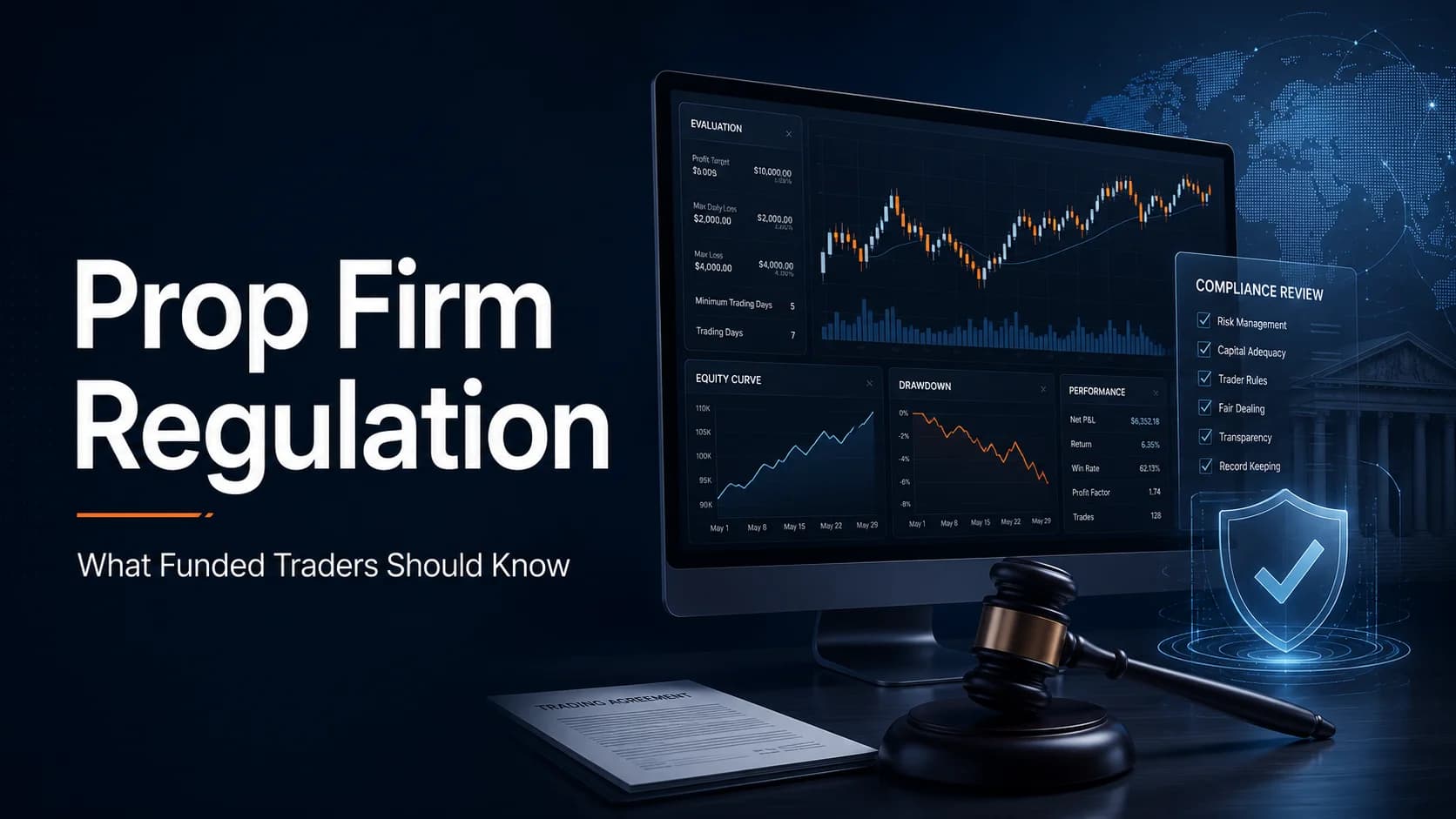 Prop firm regulation guide showing a funded trading evaluation dashboard, compliance review, trading agreement and regulatory gavel.