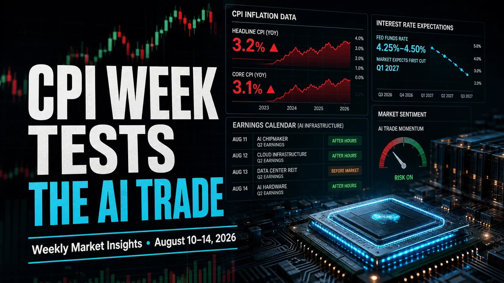 Featured image for Weekly Market Insights August 10-14, 2026 showing CPI inflation data, AI trade pressure, earnings catalysts, and market volatility.