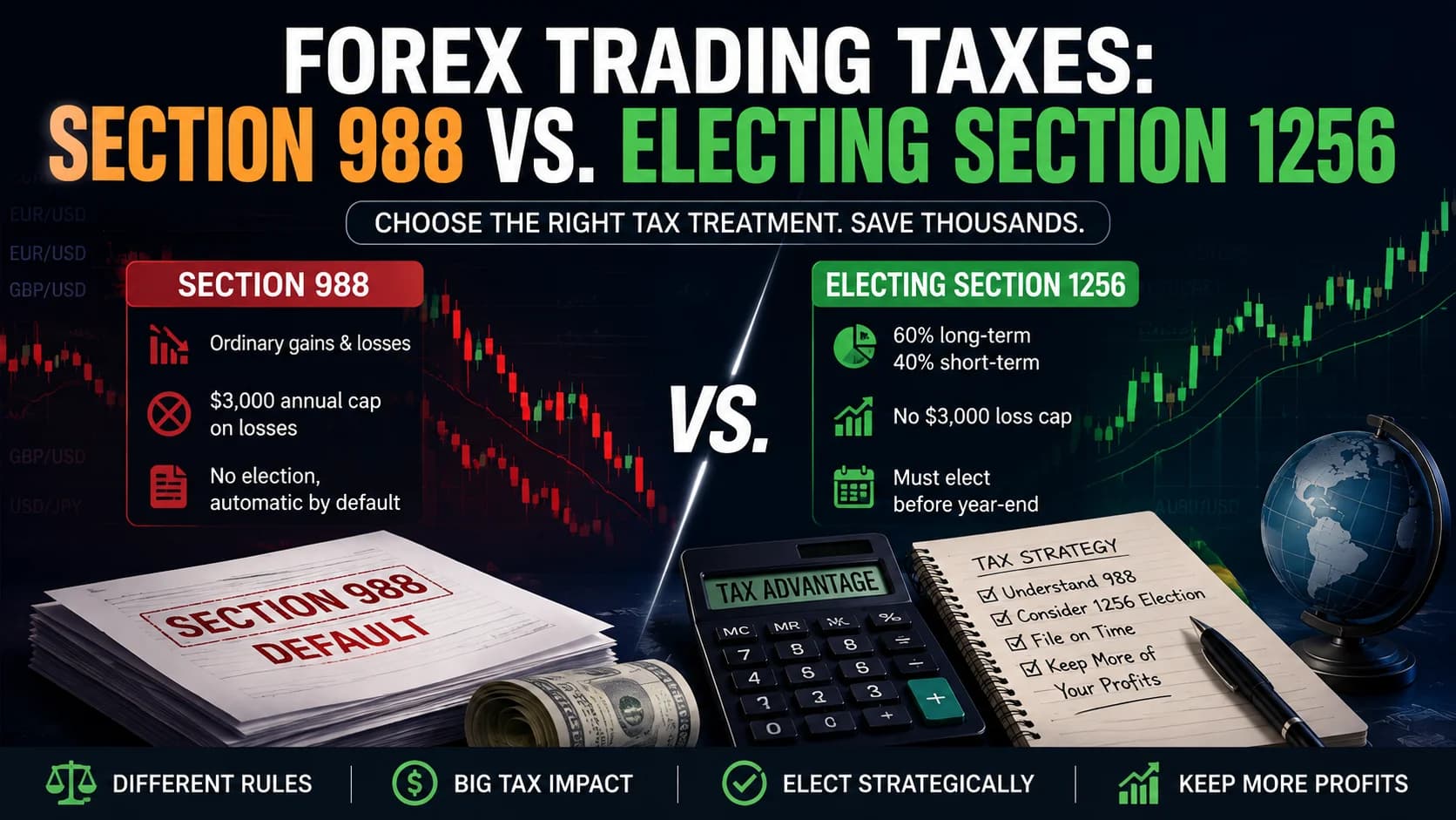 Forex trading taxes comparison showing Section 988 versus Section 1256 tax treatment, including ordinary gains and losses, the 60/40 rule, and election considerations.