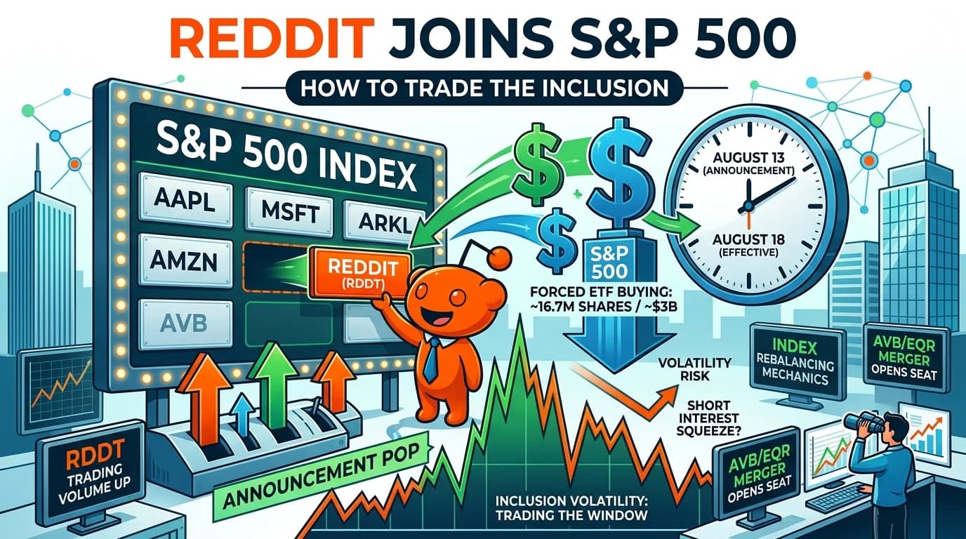 Conceptual infographic illustration representing Reddit's addition to the S&P 500 index, featuring stock price volatility charts, forced ETF buying metrics, and key trading timelines.