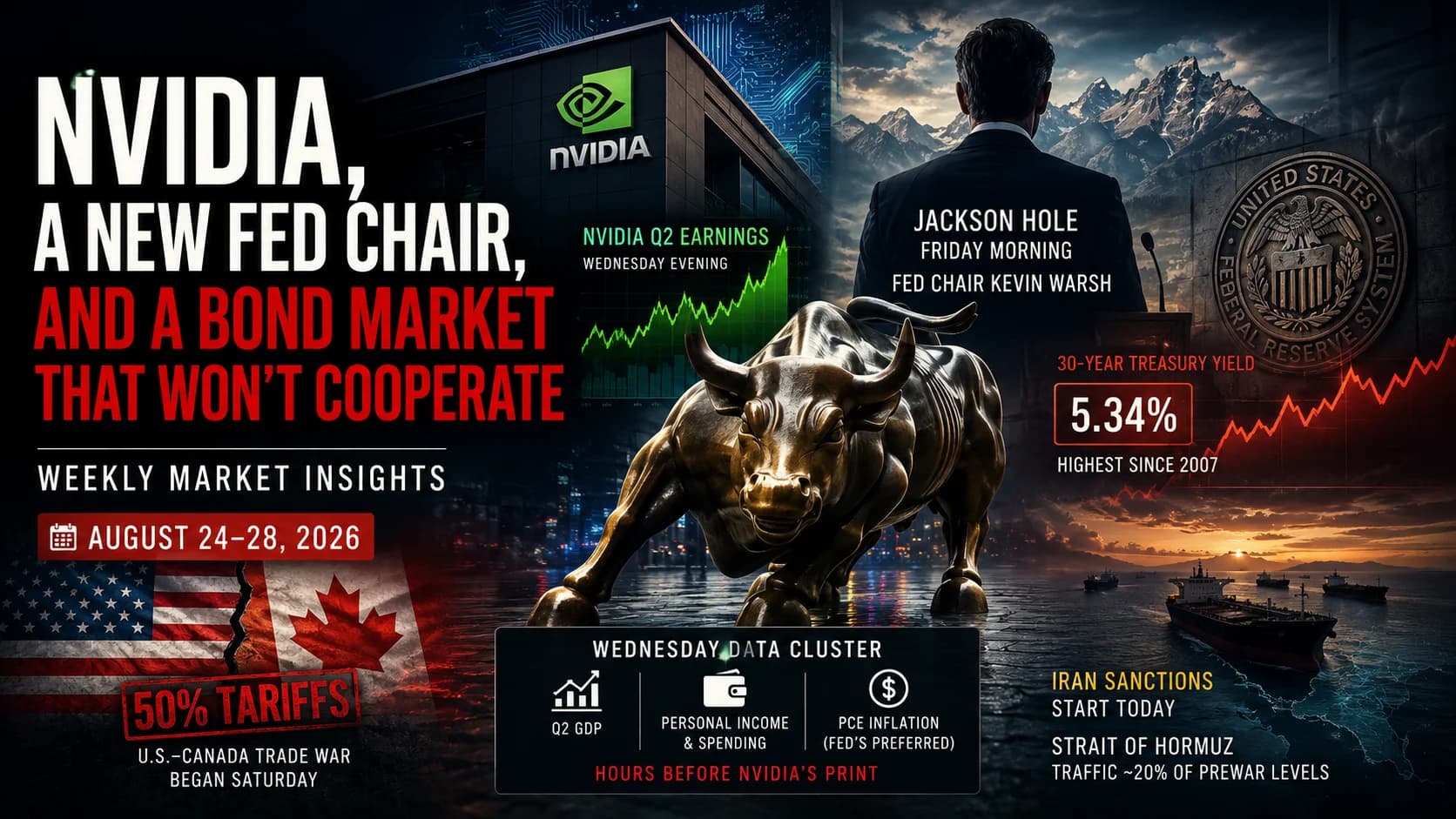 Dramatic financial market graphic featuring NVIDIA earnings, new Fed Chair Kevin Warsh and Jackson Hole, a 5.34% 30-year Treasury yield, U.S.-Canada tariffs, Iran sanctions, and Wednesday eco