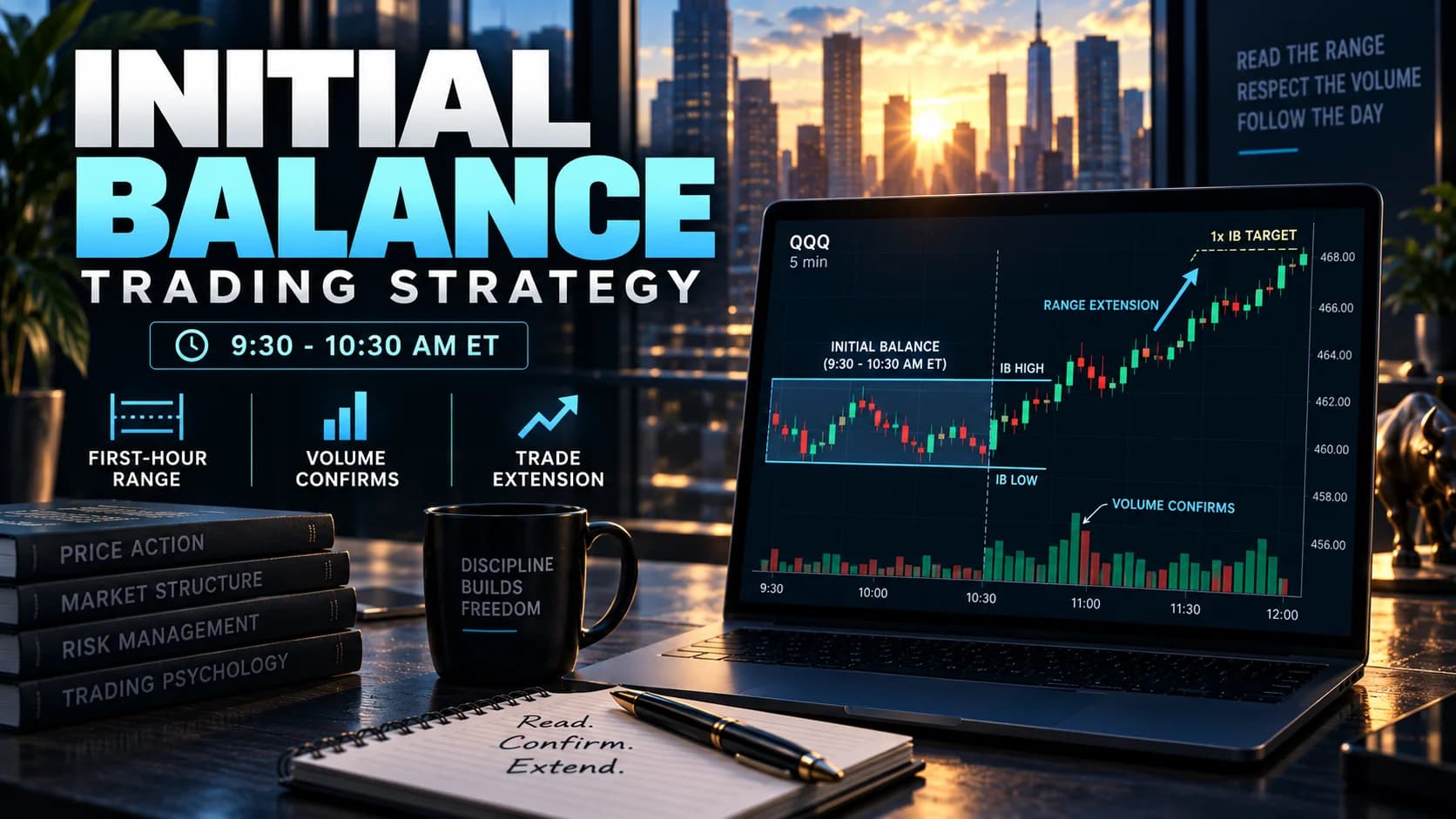 Initial Balance trading strategy showing the first-hour range, IB high and low, volume confirmation, and range extension on a QQQ chart